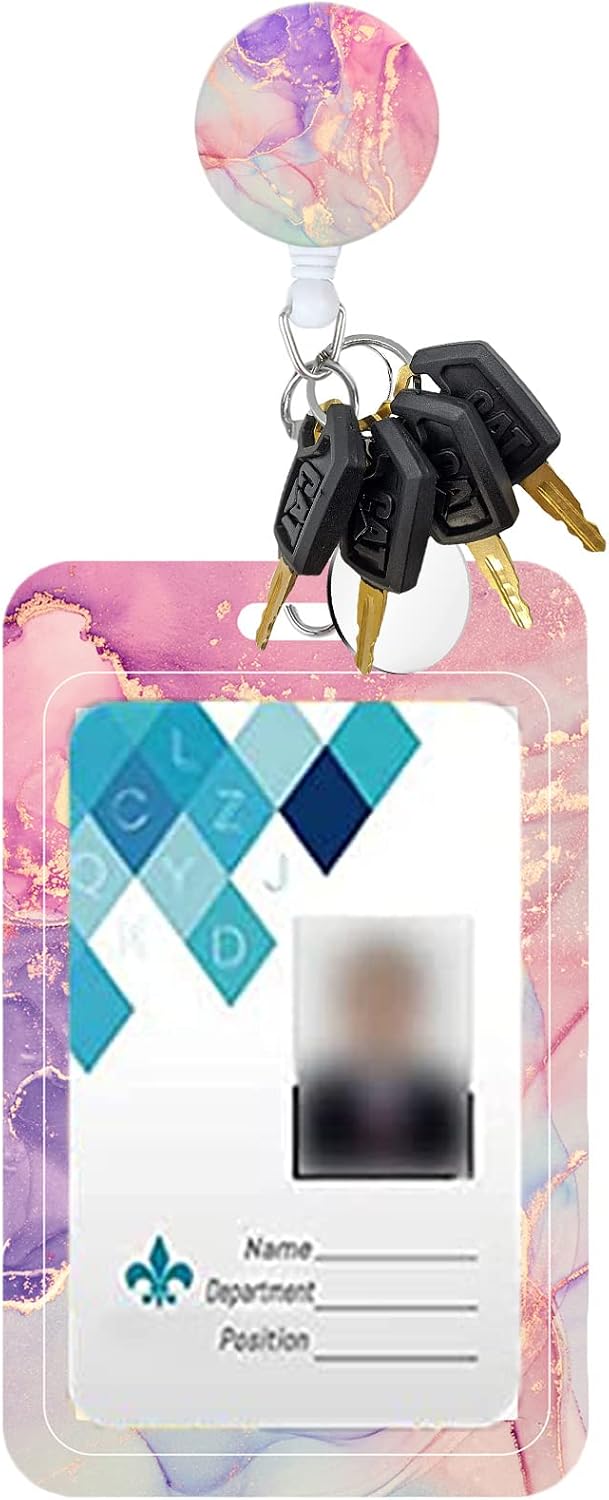 Badge Reels Retractable with Carabiner Reel Clip, Worker Badge Holder Belt Ferrule, Identity ID Badge Holder Case, Nurse Doctor Office School Teacher Name Credit Card Pocket (H-Marble Purple Pink)