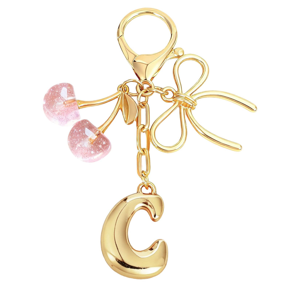 Snycler Bubble Initial Keychain with Bow & Cherry - Gold Letter Bag Charms for Women, Cute Purse Handbag Accessories