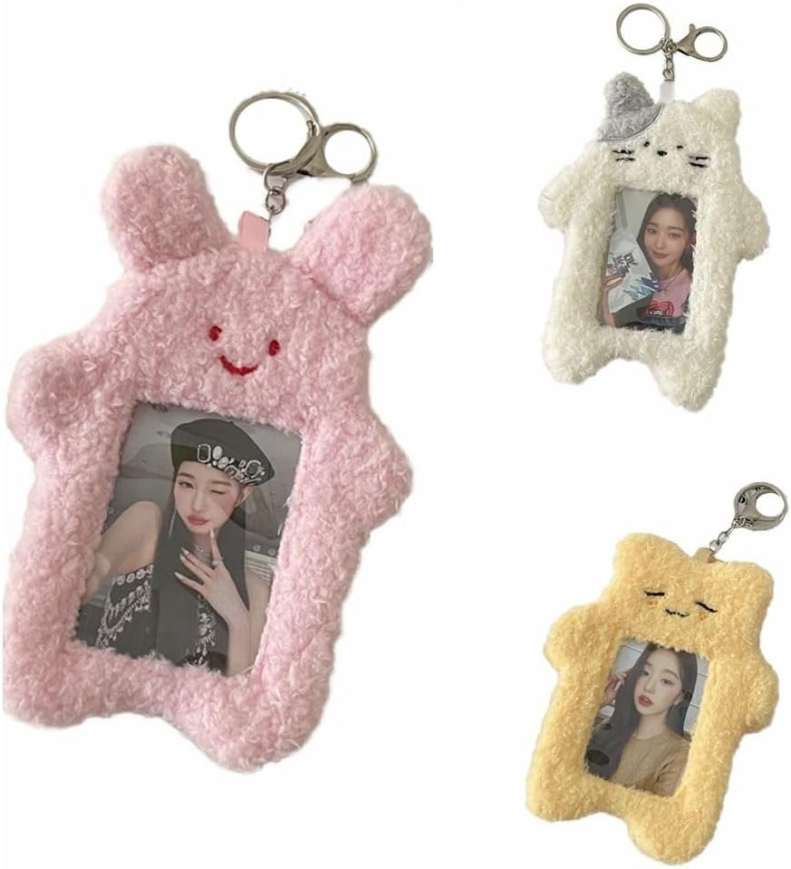Pink Cute Plush Cartoon Bear Rabbit Photo Set With Keychain, ID Bank Credit Card Holder Protector, Stationery Identification Badge And Supplies