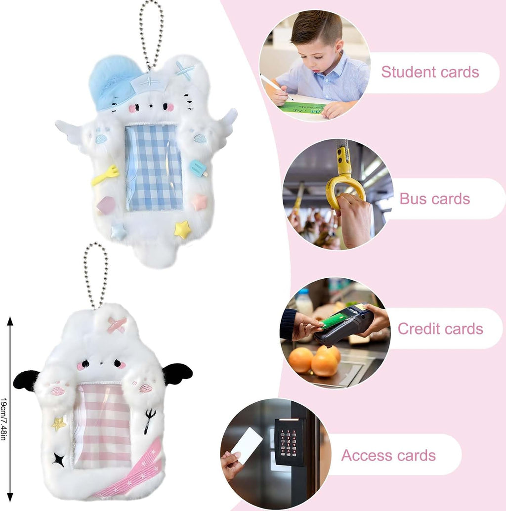 2 Pieces Kitten & Rabbit Plush Badge Holders with Wings | Photocard Display Case | Protective Sleeves for Bus, ID, and Student Cards | Cartoon Animal Design with Clear Window