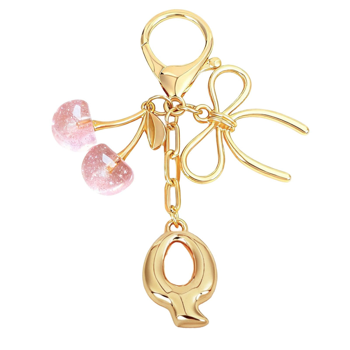Snycler Bubble Initial Keychain with Bow & Cherry - Gold Letter Bag Charms for Women, Cute Purse Handbag Accessories