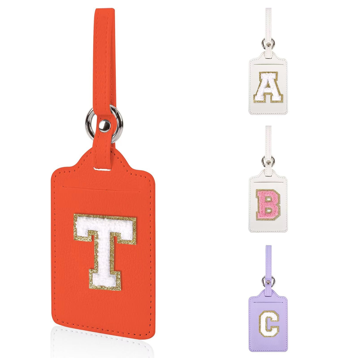 Personalized Initial Luggage Tags for Suitcases, Leather Chenille Letter Cute Luggage Tags with Privacy Name Card, Embroidered Travel Bag Backpack Tag Gifts for Women Kids Girls Teens(Pink-M)