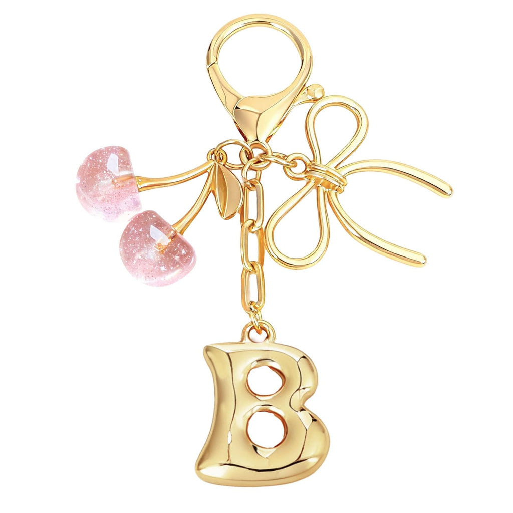 Snycler Bubble Initial Keychain with Bow & Cherry - Gold Letter Bag Charms for Women, Cute Purse Handbag Accessories