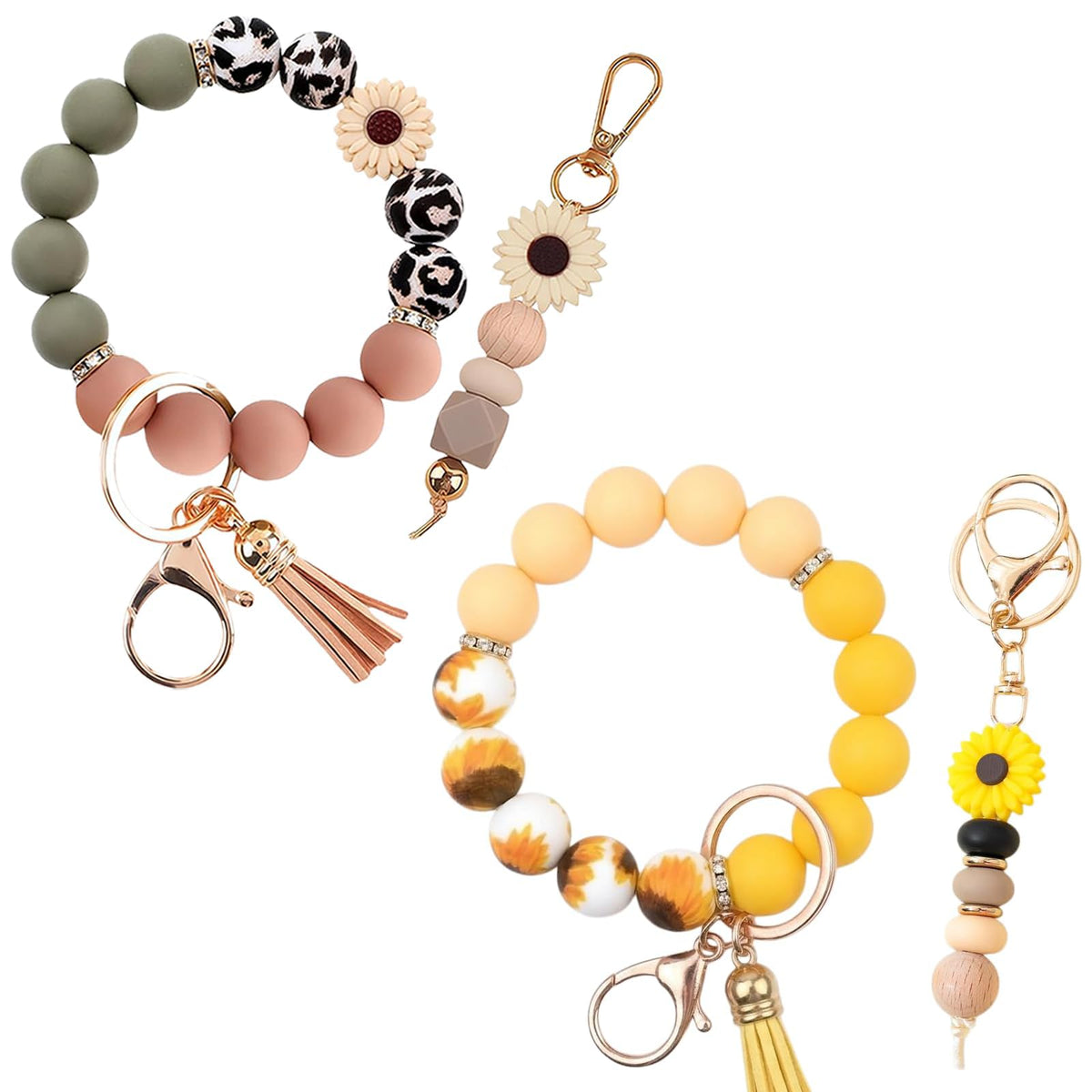 2PCS Bracelet Key Ring Set, Cute Car Key chain Wristlet, Silicone Beaded Bangle keyChains for Women Girls