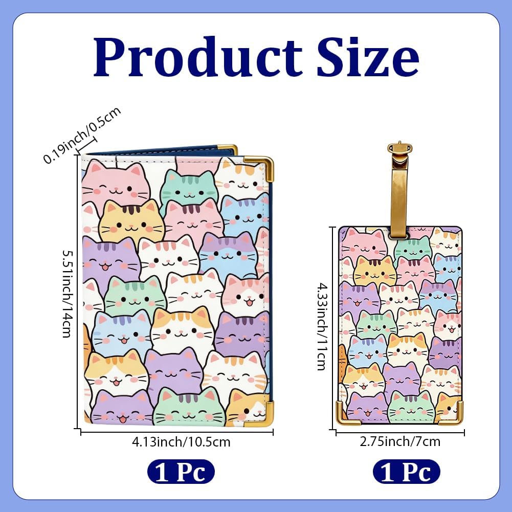 Cat Design Passport Holder Luggage Tag Men Women for Travel Essentials, Leather Passport Cover Cute Cartoon Pattern Travel Wallet Card Protector Stylish Accessories 5.4 x 4.1 x 0.2 Inch