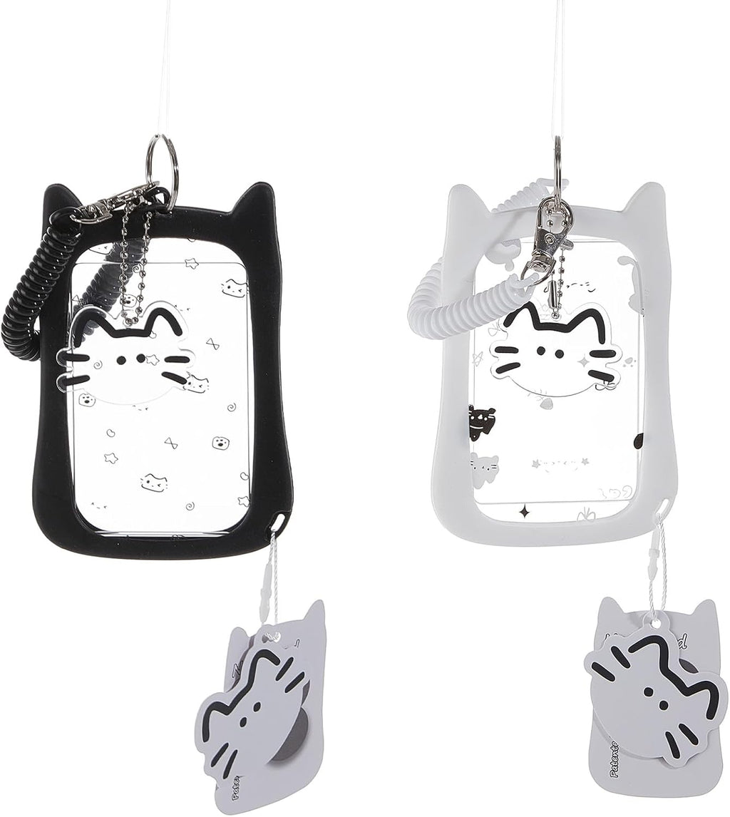 NICENEEDED 2 PCS Kpop Photocard Holder with Cartoon Cat Keychain, Kawaii Silicone White Black ID Holder, Transparent Photo Display Holder for Stationery Office Supplies