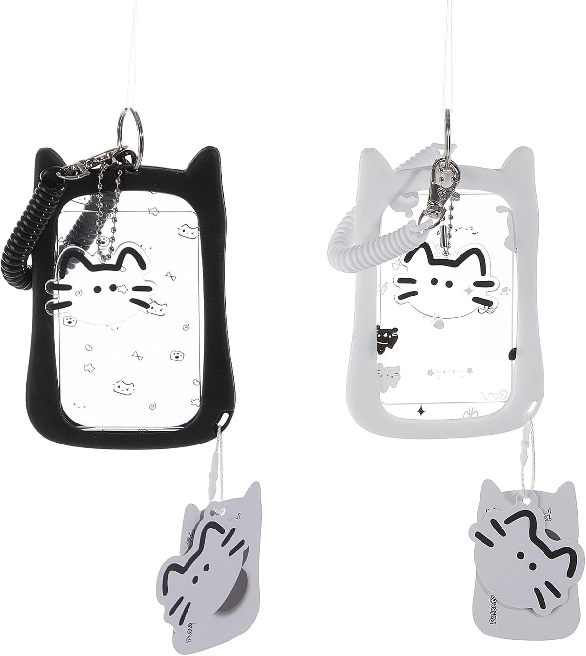 NICENEEDED 2 PCS Kpop Photocard Holder with Cartoon Cat Keychain, Kawaii Silicone White Black ID Holder, Transparent Photo Display Holder for Stationery Office Supplies