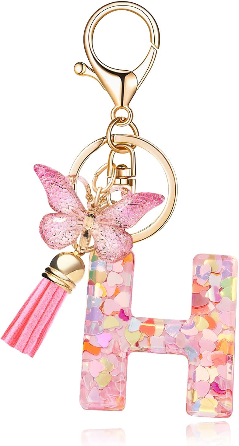 Fashion Alphabet Initial Letter Keychain Tassel Butterfly Pendant Key Ring for Purse Handbags Women Girl