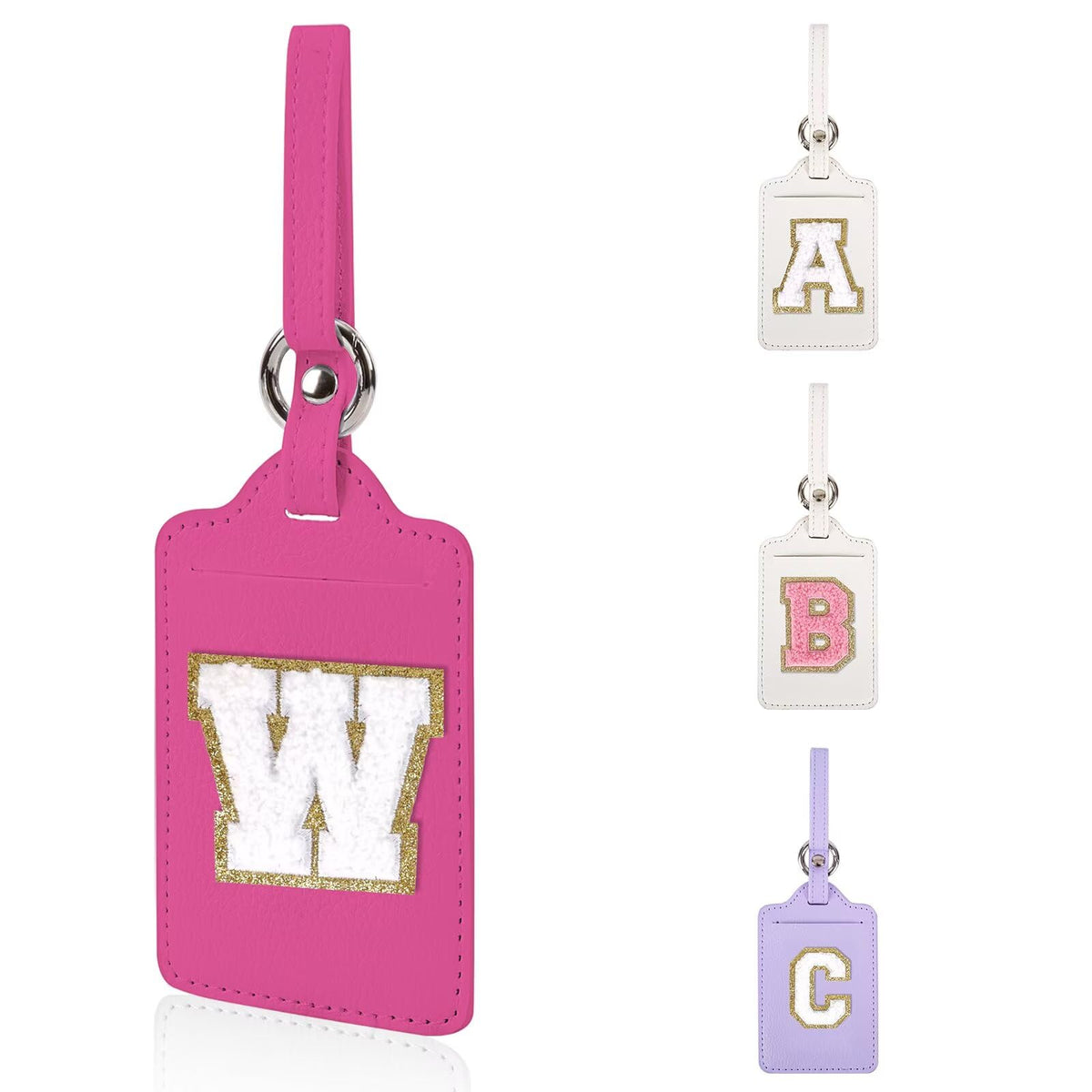 Personalized Initial Luggage Tags for Suitcases, Leather Chenille Letter Cute Luggage Tags with Privacy Name Card, Embroidered Travel Bag Backpack Tag Gifts for Women Kids Girls Teens(Pink-M)