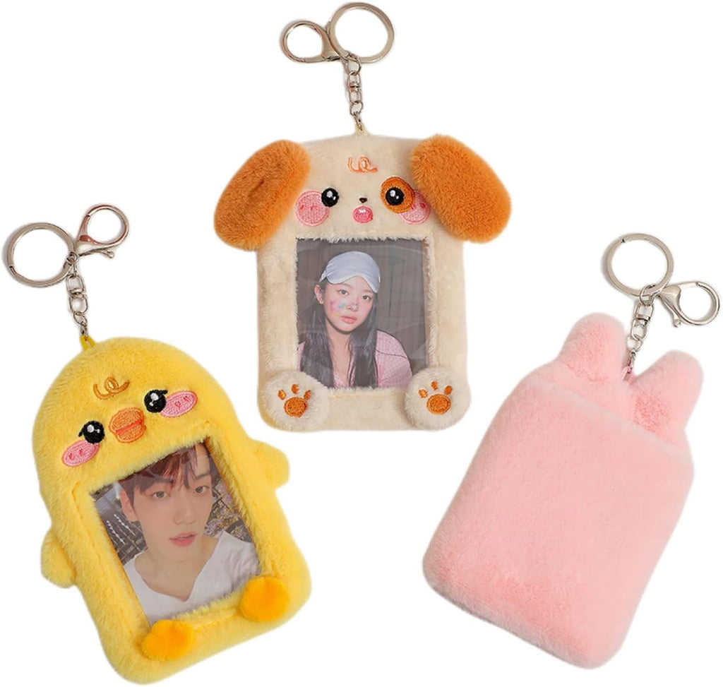 ZGMYC Cute Plush Kpop Photocard Holder with Keychain, Cartoon Bear Bunny Pig Photo Sleeve Card Holder Protector