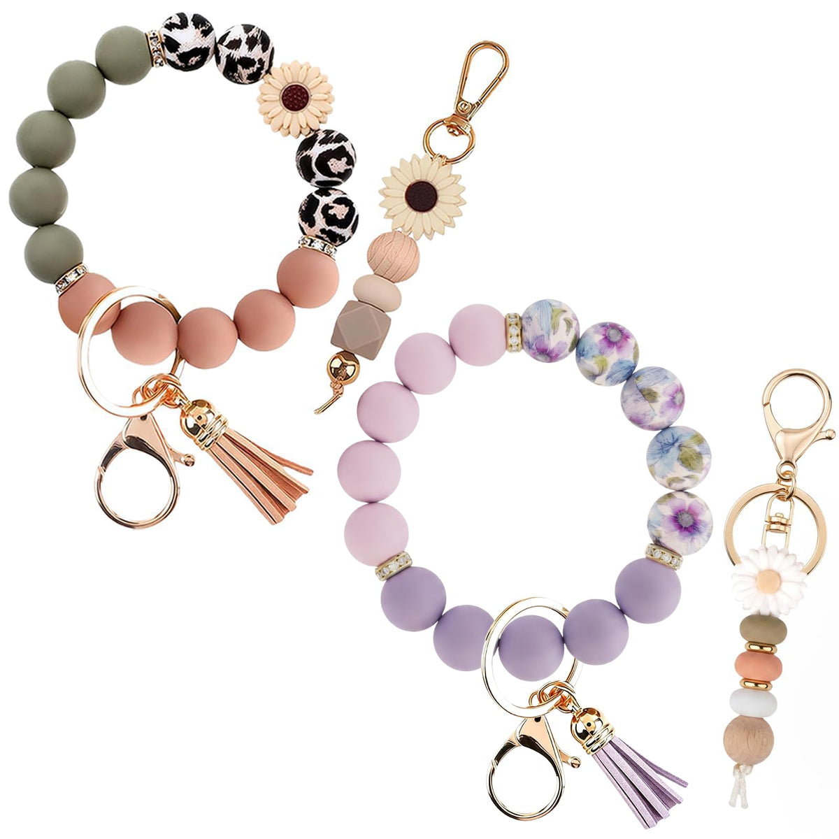 2PCS Bracelet Key Ring Set, Cute Car Key chain Wristlet, Silicone Beaded Bangle keyChains for Women Girls