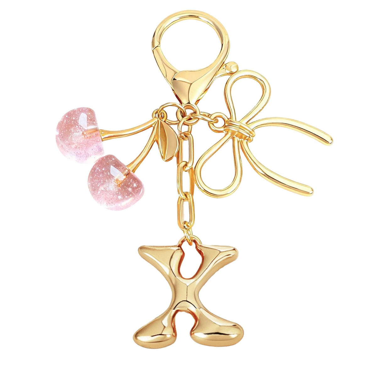 Snycler Bubble Initial Keychain with Bow & Cherry - Gold Letter Bag Charms for Women, Cute Purse Handbag Accessories