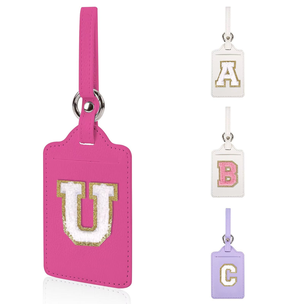 Personalized Initial Luggage Tags for Suitcases, Leather Chenille Letter Cute Luggage Tags with Privacy Name Card, Embroidered Travel Bag Backpack Tag Gifts for Women Kids Girls Teens(Pink-M)