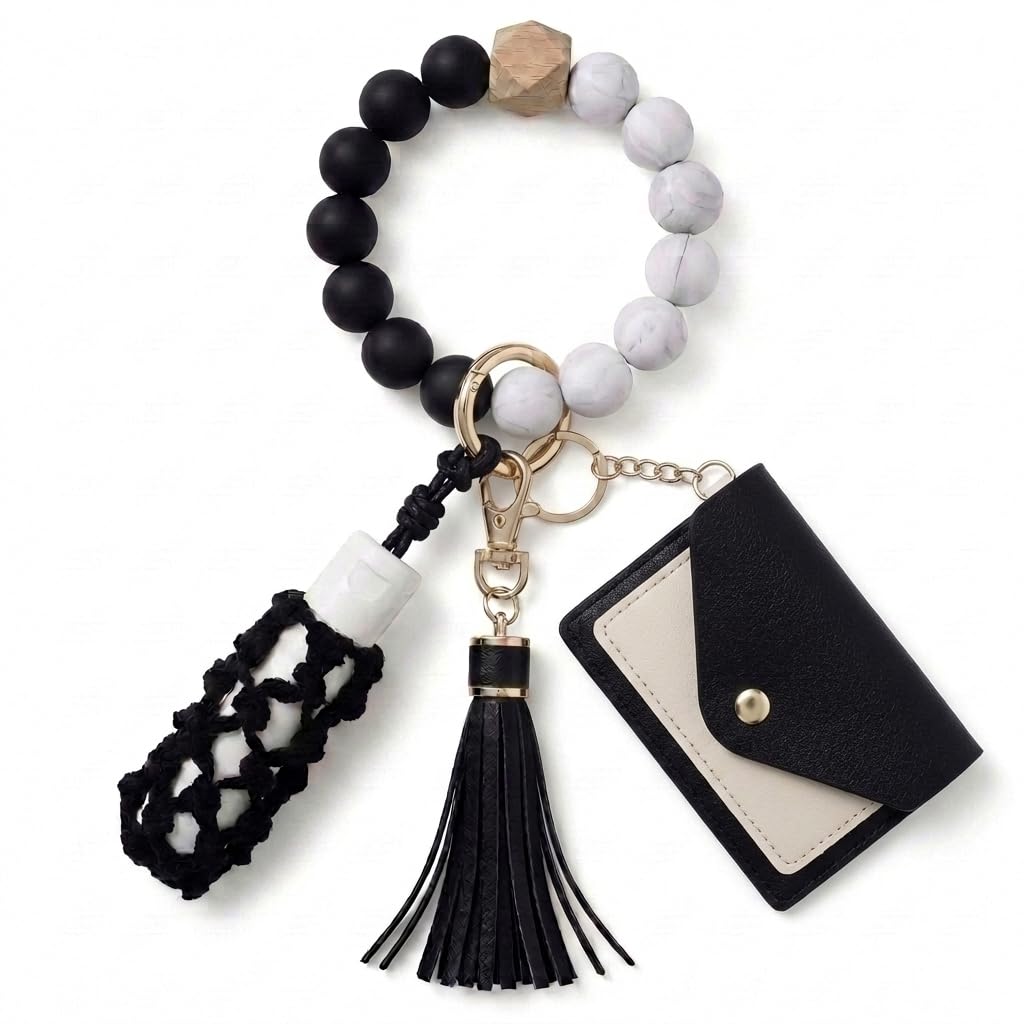 BIHRTC Silicone Key Ring Bracelets Wristlet Keychain Wallet with Net Chapstick Holder for Women
