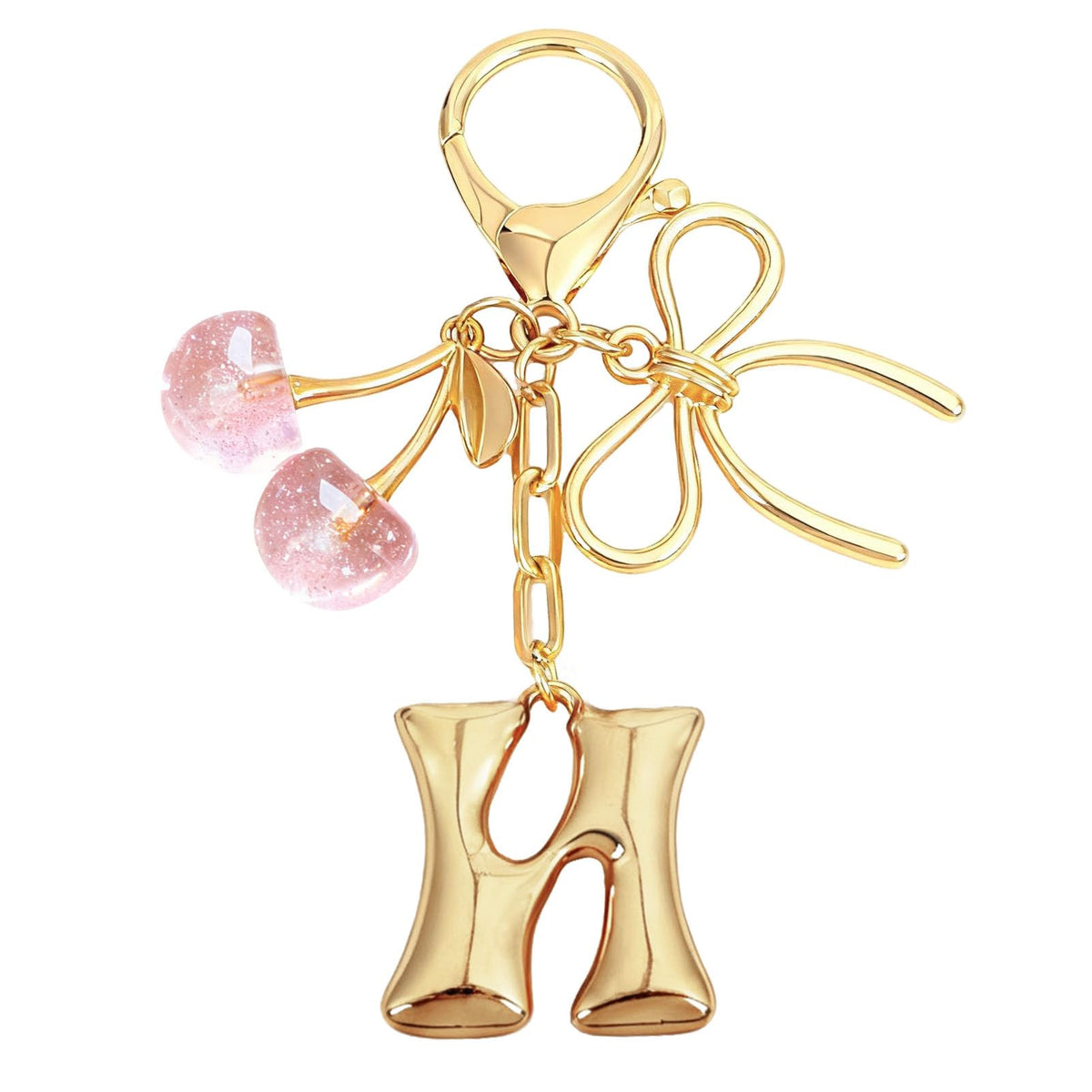 Snycler Bubble Initial Keychain with Bow & Cherry - Gold Letter Bag Charms for Women, Cute Purse Handbag Accessories