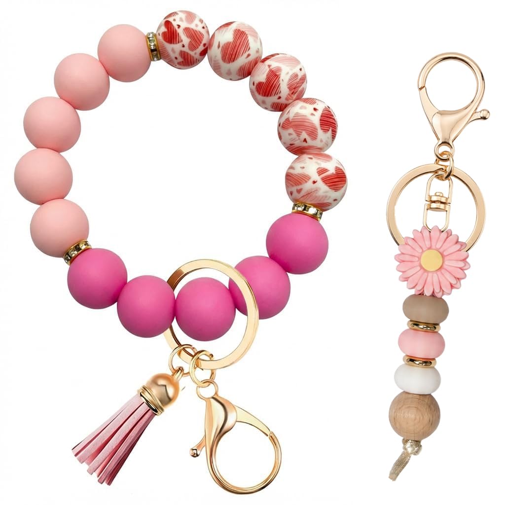 2PCS Bracelet Key Ring Set, Cute Car Key chain Wristlet, Silicone Beaded Bangle keyChains for Women Girls