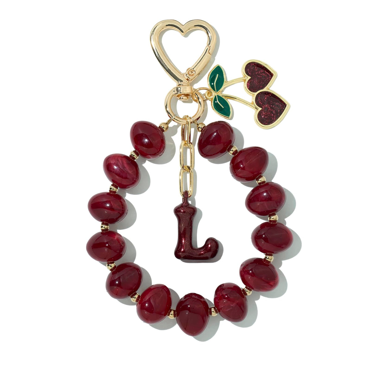 DualCozy Pink/Black Cherry Beaded Bubble Initial Bag Charm Cherry Keychain