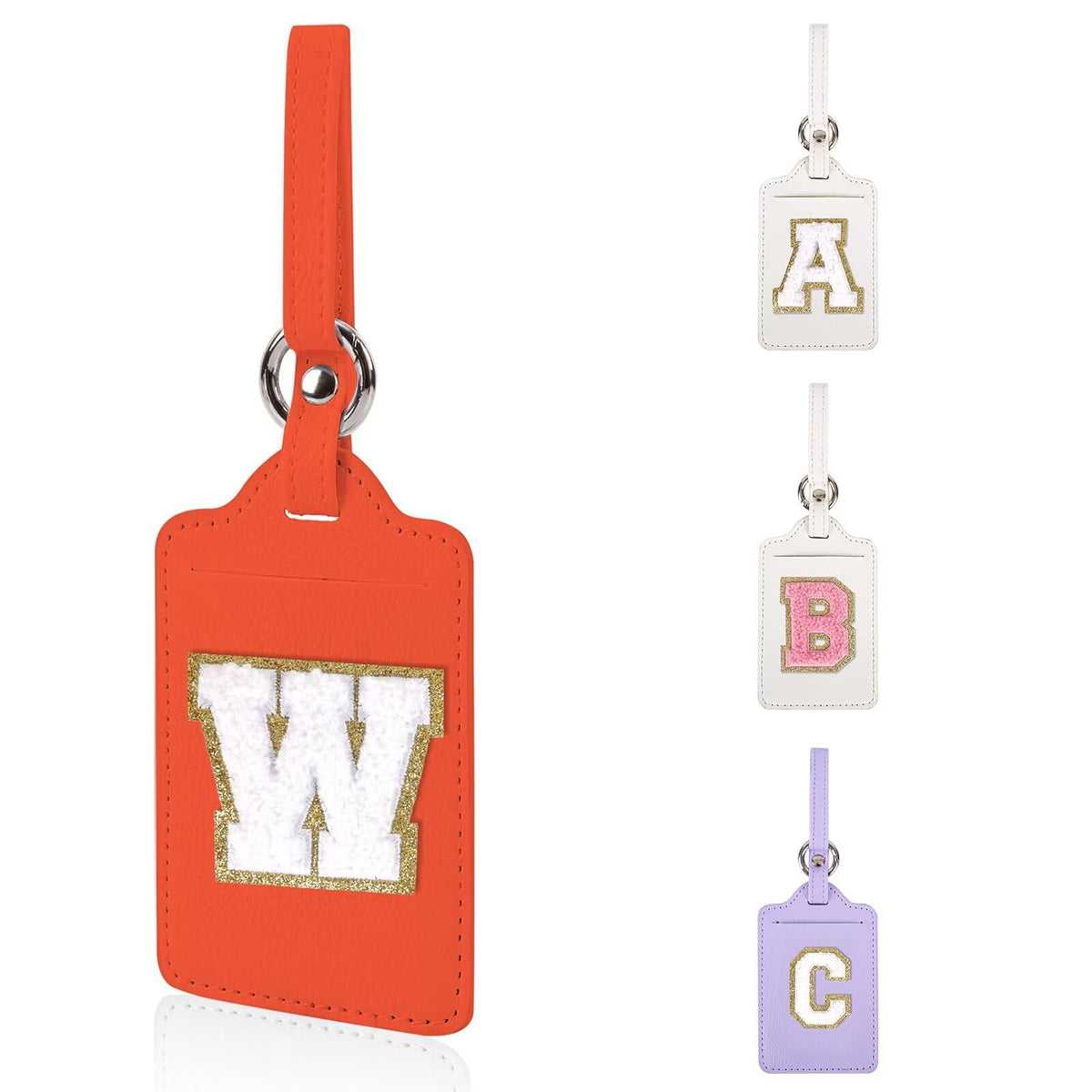 Personalized Initial Luggage Tags for Suitcases, Leather Chenille Letter Cute Luggage Tags with Privacy Name Card, Embroidered Travel Bag Backpack Tag Gifts for Women Kids Girls Teens(Pink-M)