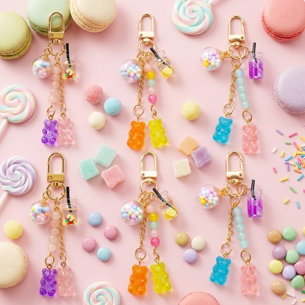 6 Pack Resin Bear Keychain Set, Kawaii Candy Color Bear Key Ring Charms for Backpacks, Handbags and Car Keys