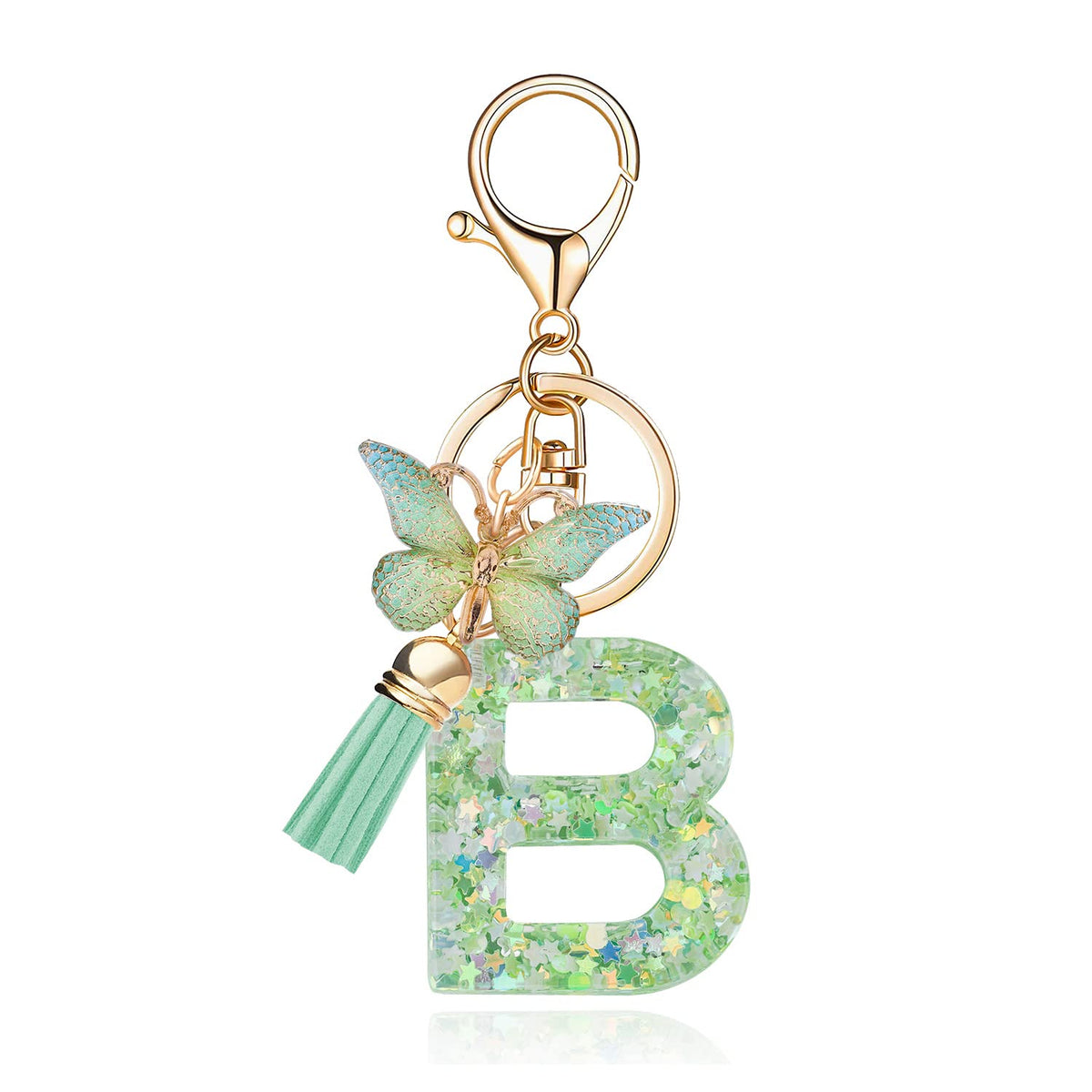 Fashion Alphabet Initial Letter Keychain Tassel Butterfly Pendant Key Ring for Purse Handbags Women Girl