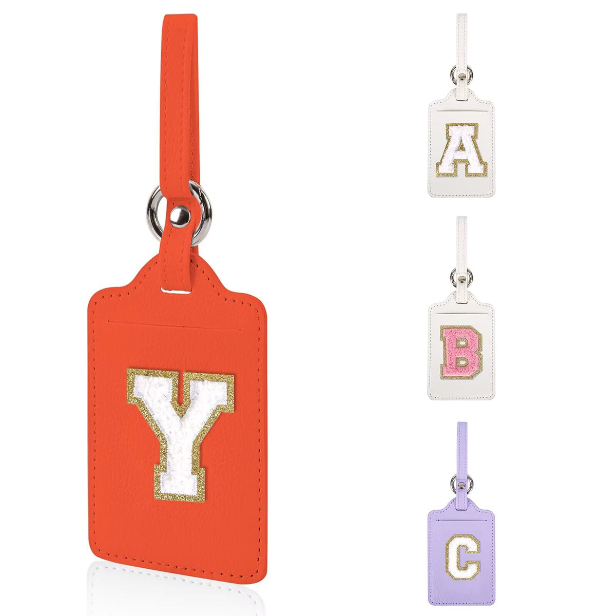 Personalized Initial Luggage Tags for Suitcases, Leather Chenille Letter Cute Luggage Tags with Privacy Name Card, Embroidered Travel Bag Backpack Tag Gifts for Women Kids Girls Teens(Pink-M)