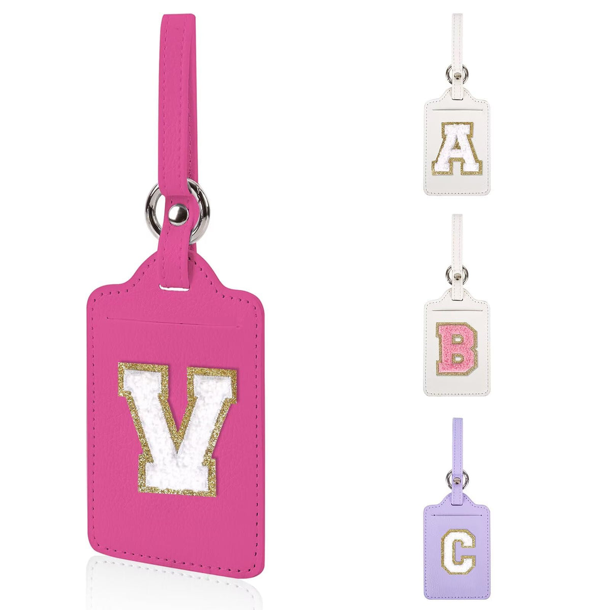 Personalized Initial Luggage Tags for Suitcases, Leather Chenille Letter Cute Luggage Tags with Privacy Name Card, Embroidered Travel Bag Backpack Tag Gifts for Women Kids Girls Teens(Pink-M)