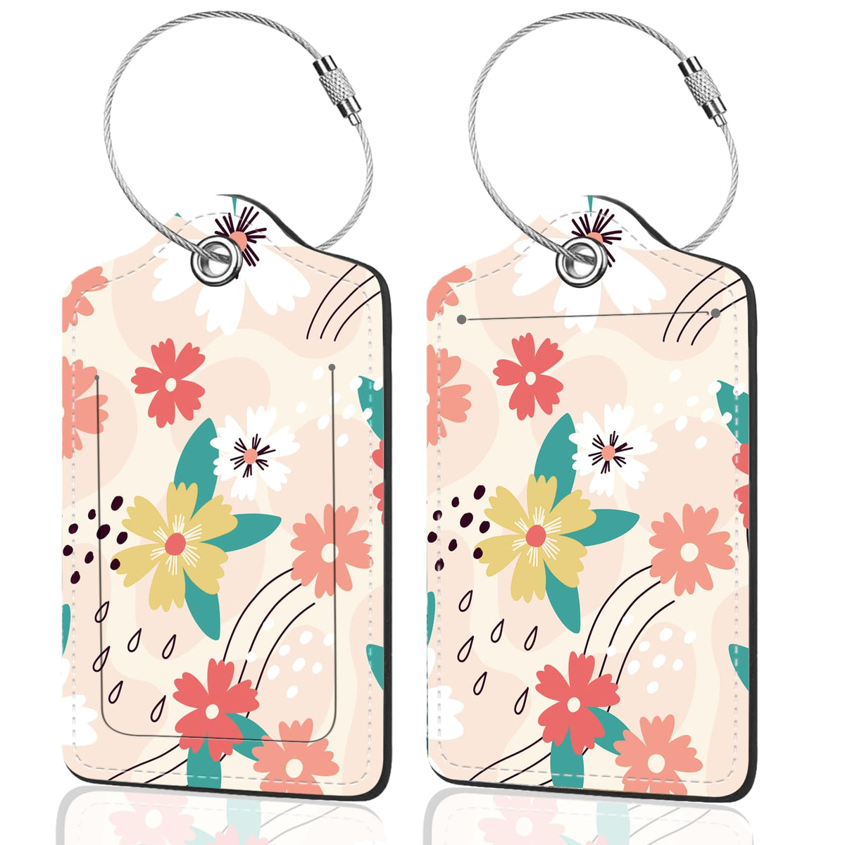 2Pack Luggage Tags for Suitcases, Cute Unique Pu Leather Cruise Luggage Tag with Privacy Cover ID Label Address Card and Metal Ring Suitable for Women Men Kids Travel Bag Linear Flower