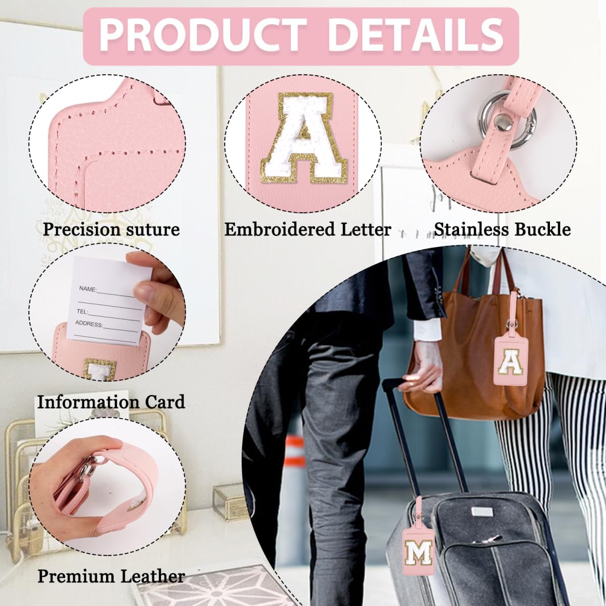 Personalized Initial Luggage Tags for Suitcases, Leather Chenille Letter Cute Luggage Tags with Privacy Name Card, Embroidered Travel Bag Backpack Tag Gifts for Women Kids Girls Teens(Pink-M)