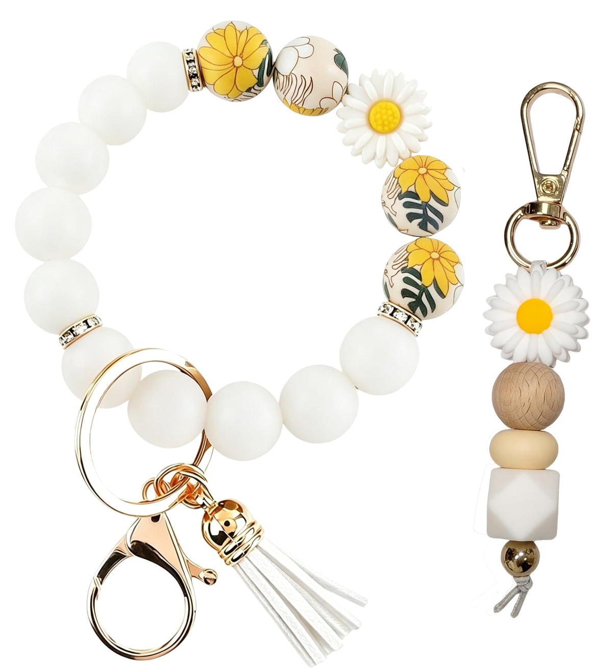 2PCS Bracelet Key Ring Set, Cute Car Key chain Wristlet, Silicone Beaded Bangle keyChains for Women Girls