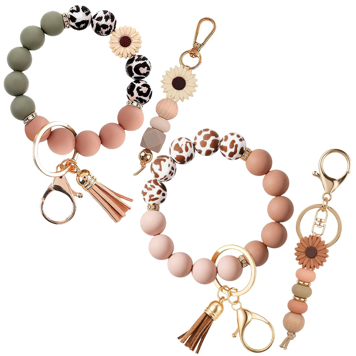 2PCS Bracelet Key Ring Set, Cute Car Key chain Wristlet, Silicone Beaded Bangle keyChains for Women Girls
