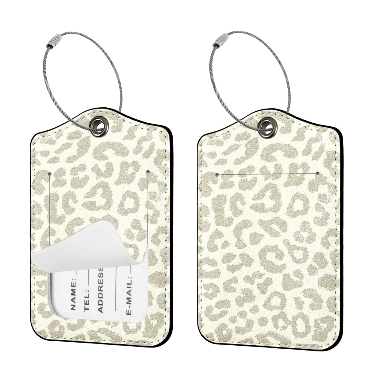 Seorsok 2 PCS Luggage Travel Tags for Suitcases,Cute Brown Leopard PU Leather Name Tag with Privacy Cover&ID Label Address Card and Durable Metal Ring Suitable for Men Women Handbags Backpack,Brown