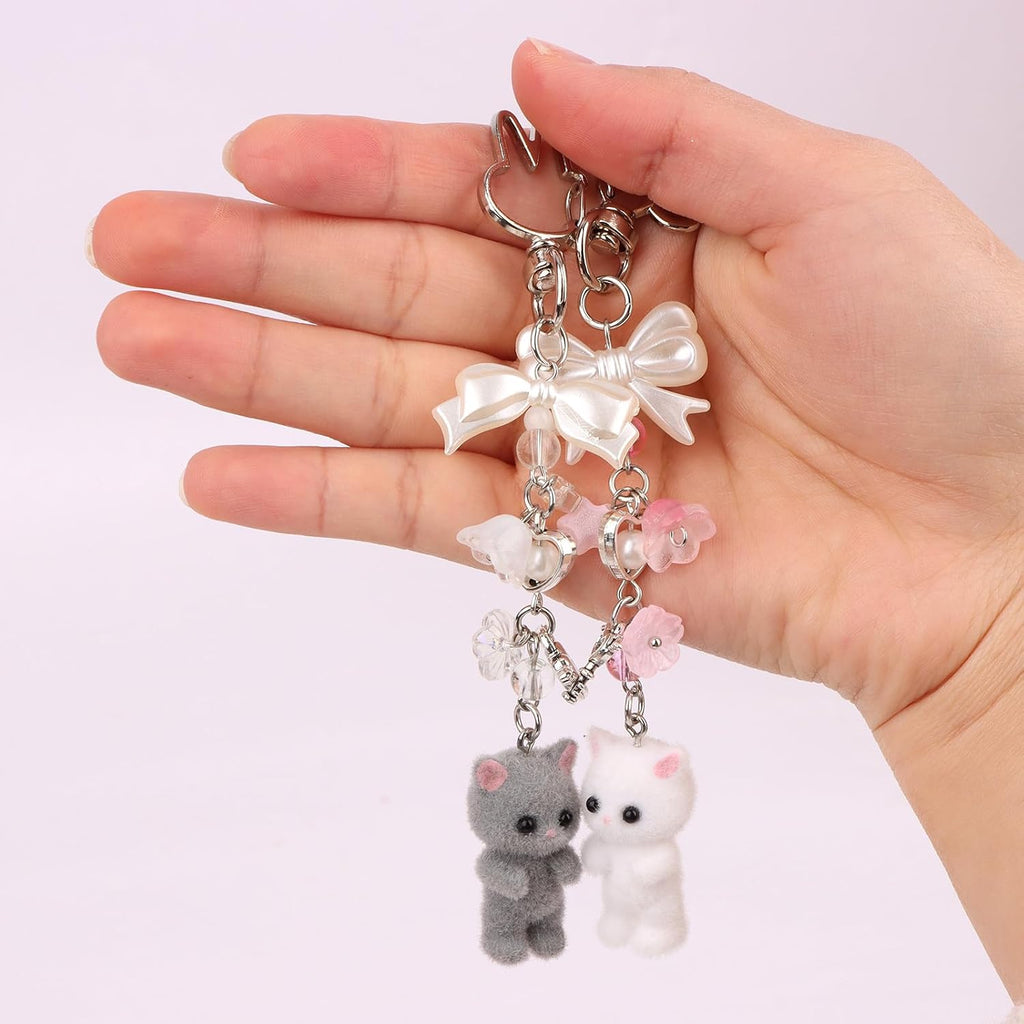 2PCS Cute Pink Fuzzy Cat Keychain Aesthetic Y2K Stylish with Bunny Kitty Lobster Clasp Bow Charms for Handbags Backpacks Purse, Phone
