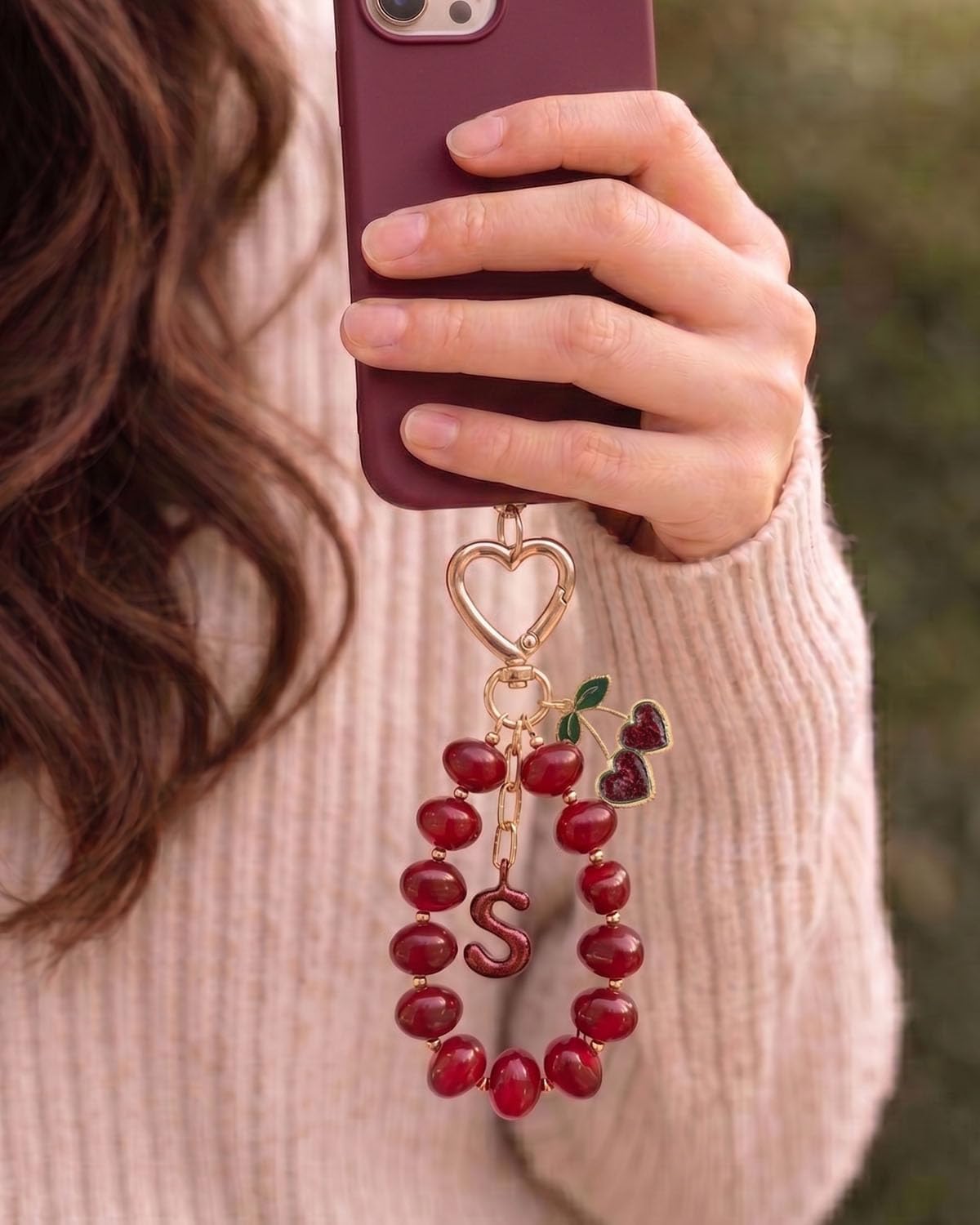 DualCozy Pink/Black Cherry Beaded Bubble Initial Bag Charm Cherry Keychain