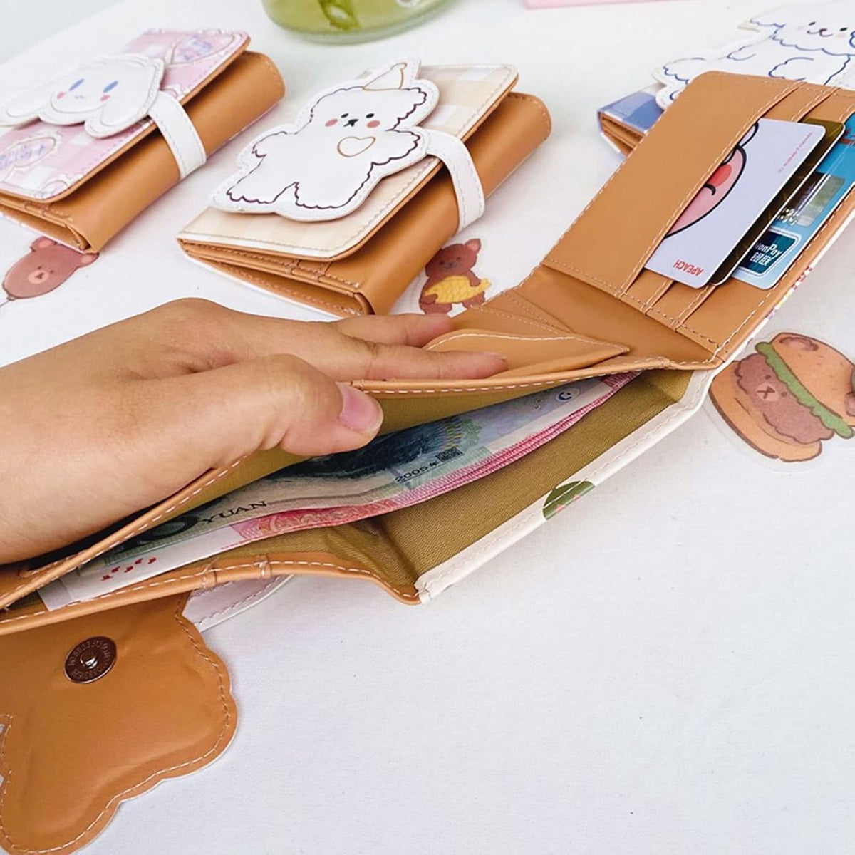 Kawaii Bear Wallet Cute Cartoon Card Holder Girls Coin Purse Anime Key Bag Card Case Front Pocket Wallet (Beige-1)