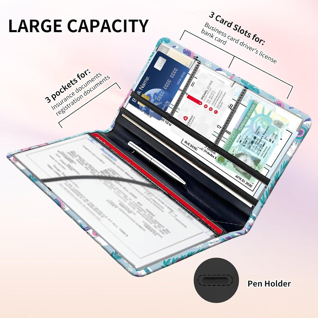 Premium Car Registration and Insurance Card Holder, Cute PU Leather Car Document Holder, Vehicle Glove Box Car Organizer with Magnetic Closure for Driver License, Cards Cartoon Animals