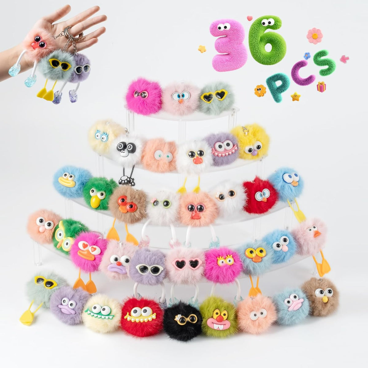 OMyFav 36 PCs Plush Keychains - Cute Keychain Bulk Back to School Gifts Fuzzy Keychain for Birthday Party Favors Goodie Bags Stuffers for Kids Classroom Prizes Treasure Box Prizes Backpack Charms