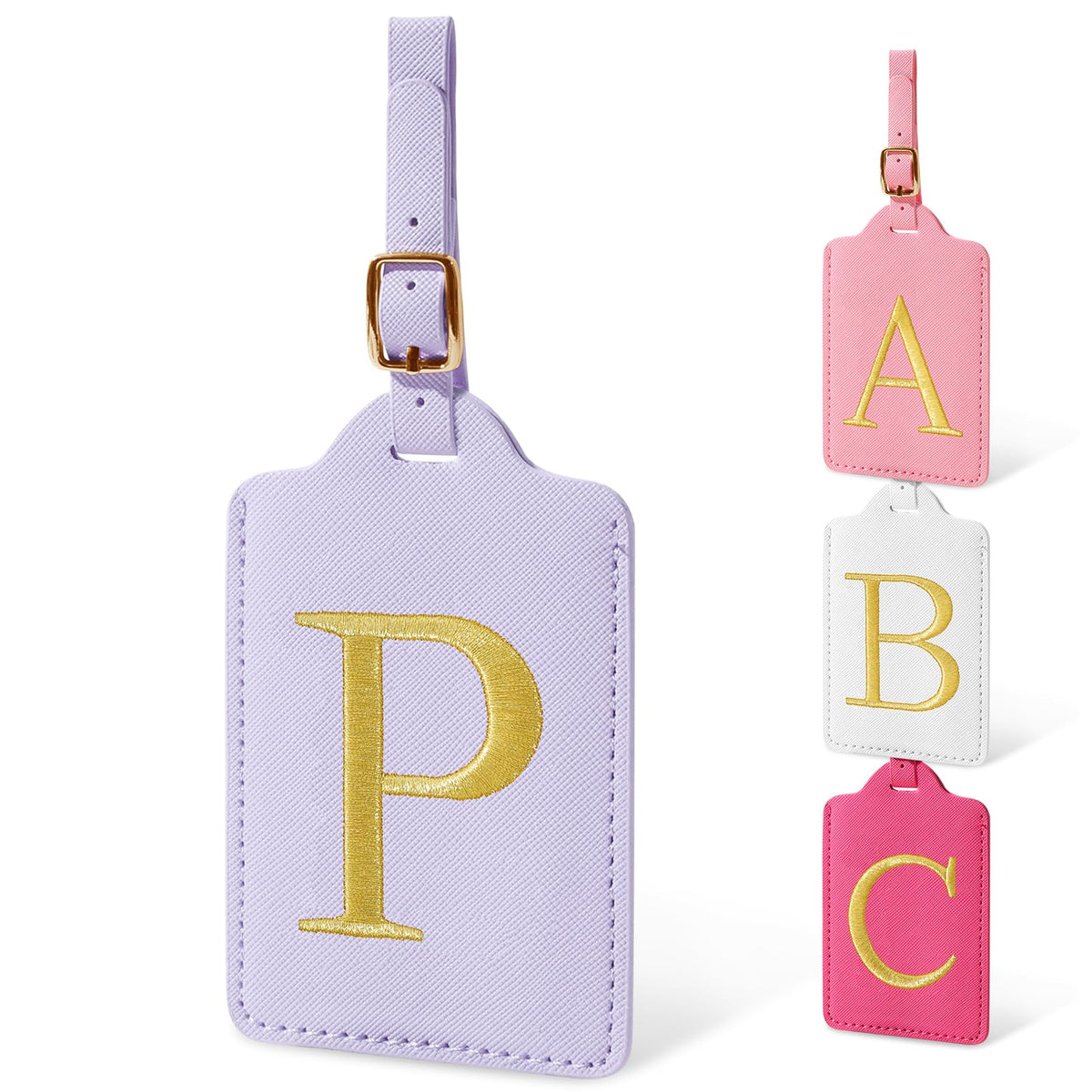 Personalized Initial Luggage Tags for Suitcases, Cute PU Leather Embroidered Letter Travel Luggage Tags, Suitcase Identifier Name Baggage Tag, Bag Tags for Men Women Kids Luggage Handbags(Pink M)