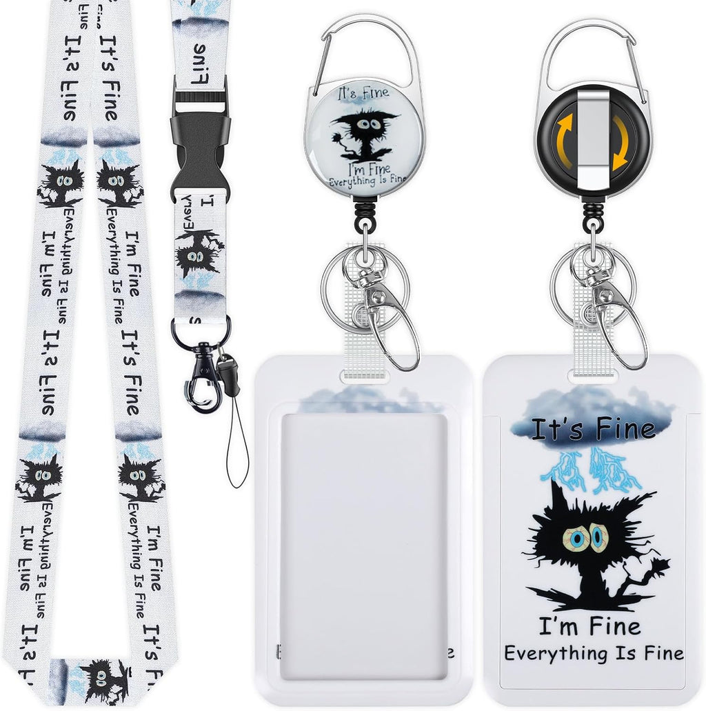 Uniclife Fashionable Sliding Badge Holder Exploding Fluff Cat Plastic Card Holder with Retractable Badge Reel Carabiner & Detachable Lanyard Vertical Card Protector for Office Worker Teacher Student