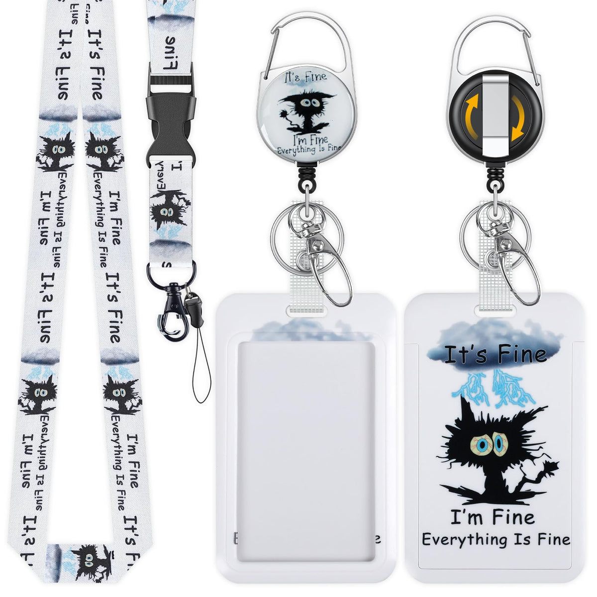 Uniclife Fashionable Sliding Badge Holder Exploding Fluff Cat Plastic Card Holder with Retractable Badge Reel Carabiner & Detachable Lanyard Vertical Card Protector for Office Worker Teacher Student