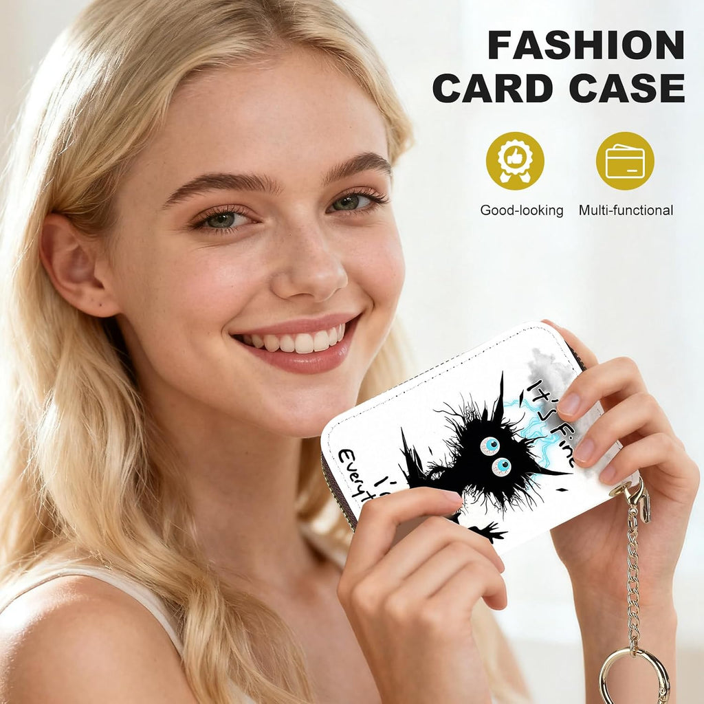 Credit Card Holder for Women,Small Rfid Wallet with Keychain Zipper,Cute PU Leather Card Case Wallet，Accordion Credit Card Wallets Gift,Cat Struck by Lightning