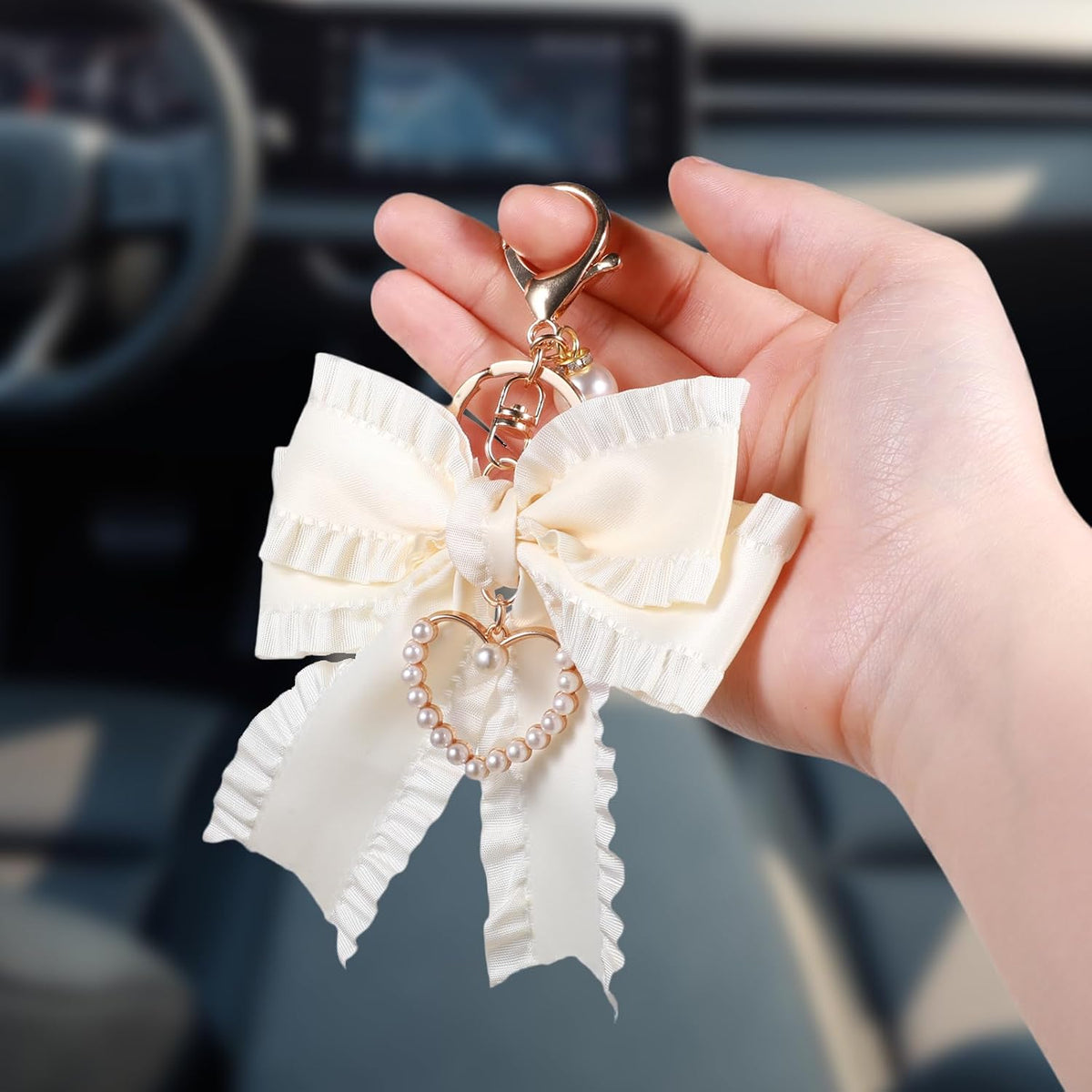 Bow Purse Keychain Charm Bow Keychain Bag Charms for Women, Bow Keychain Pearl Wristlet Keychain Backpack Charm Keychain Cute Handbag Purse Charms Accessories Charms for Purses Key Chains Car Keys