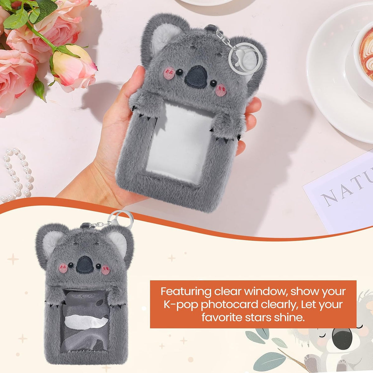 NEWEST Koala Plush Kpop Photocard Holder with Keychain, Cute Koala ID Badge Holder Protector, Soft 3 Inch Cartoon Animal Photo Case Sleeves Stationery for Idol ID Card Student Worker Bag Charm