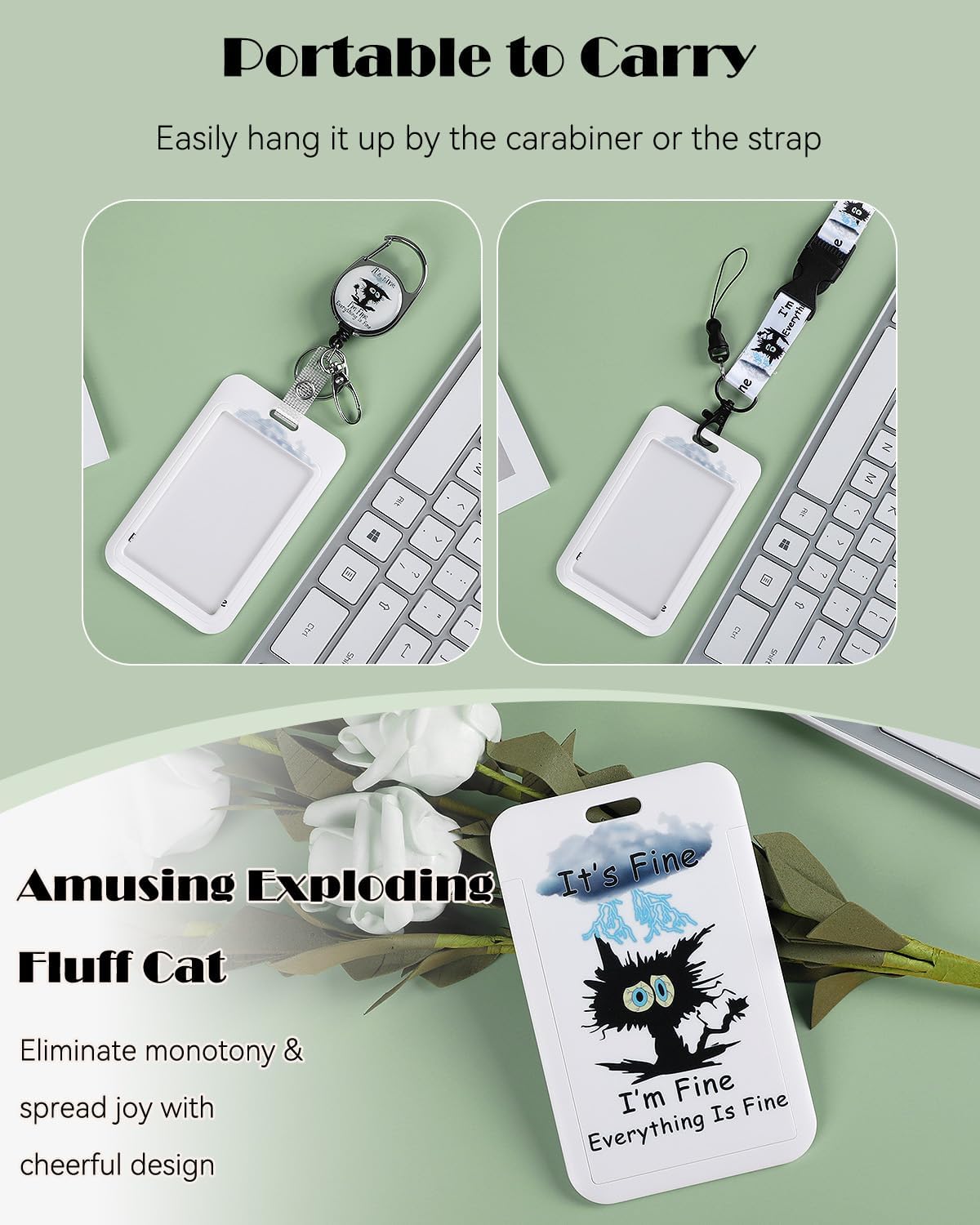 Uniclife Fashionable Sliding Badge Holder Exploding Fluff Cat Plastic Card Holder with Retractable Badge Reel Carabiner & Detachable Lanyard Vertical Card Protector for Office Worker Teacher Student