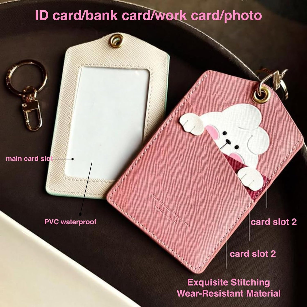 PU Leather ID Badge Holder, Cartoon Cute Badge Holder with 3 Card Slots