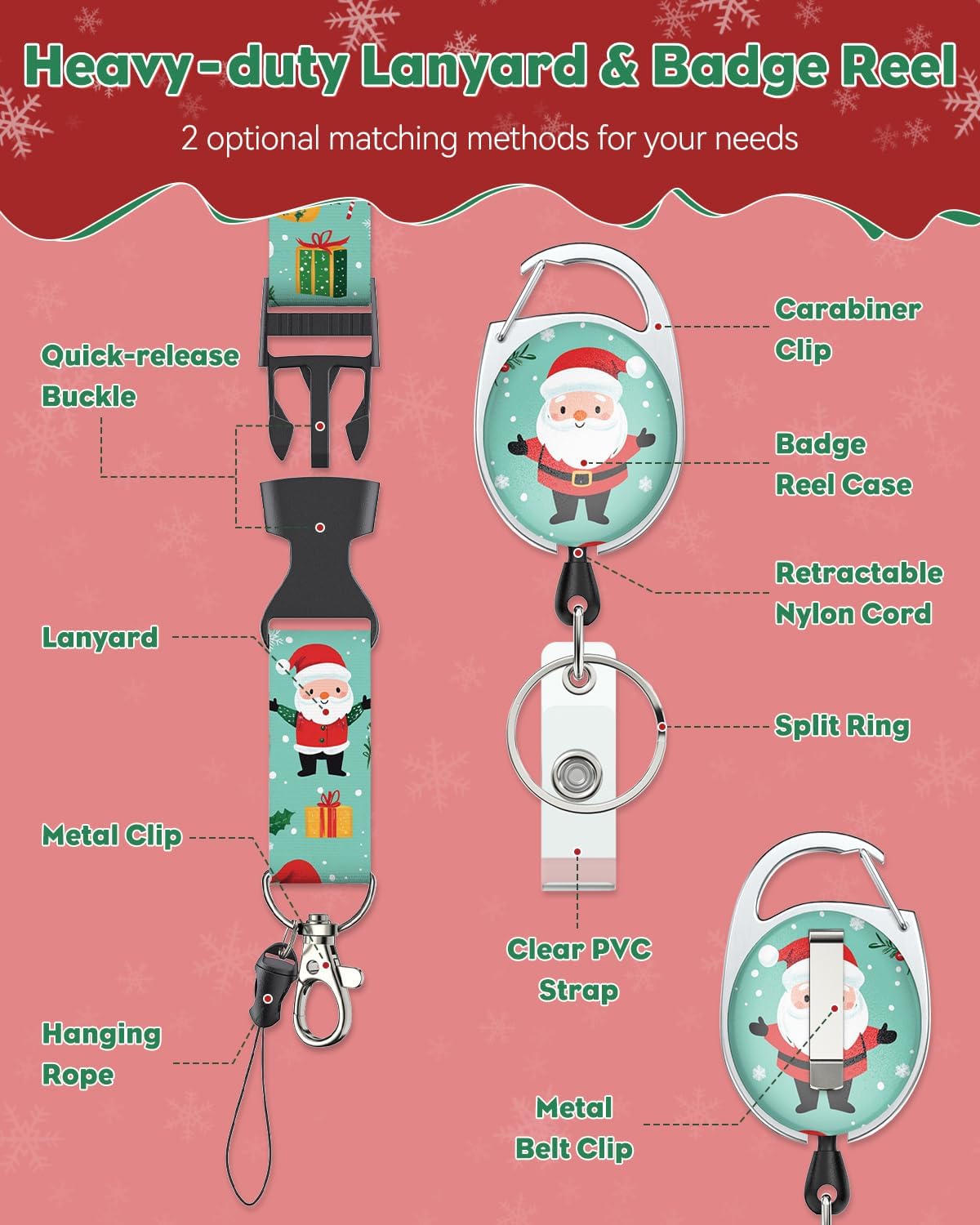 Uniclife Christmas Sliding Badge Holder Cartoon Santa Claus Hard ID Card Holder with Retractable Badge Reel Carabiner & Detachable Lanyard Strap Vertical Card Protector for Women Nurse Teacher Student