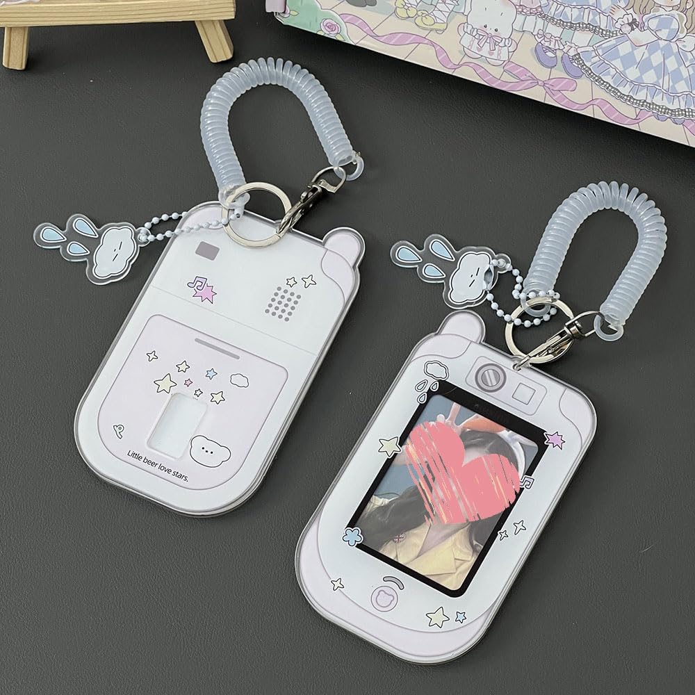 2 Pcs Cartoon Photocard Holder ID Badge Holder,3 Inch Photo Card Holder Id Card Holder Protective Sleeves Photocards Holder,Cute Photocard Holder Keychain Cloud Bear Pendant with Spiral Wrist Coil