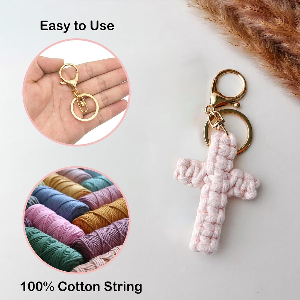Macrame Cross Keychain,Jesus Key Chain Christian Car Accessories Handmade Soft Cross Keychain Charm Inspired Boho Decor (pink)