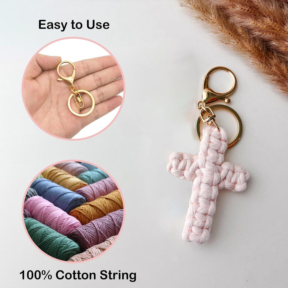 Macrame Cross Keychain,Jesus Key Chain Christian Car Accessories Handmade Soft Cross Keychain Charm Inspired Boho Decor (pink)