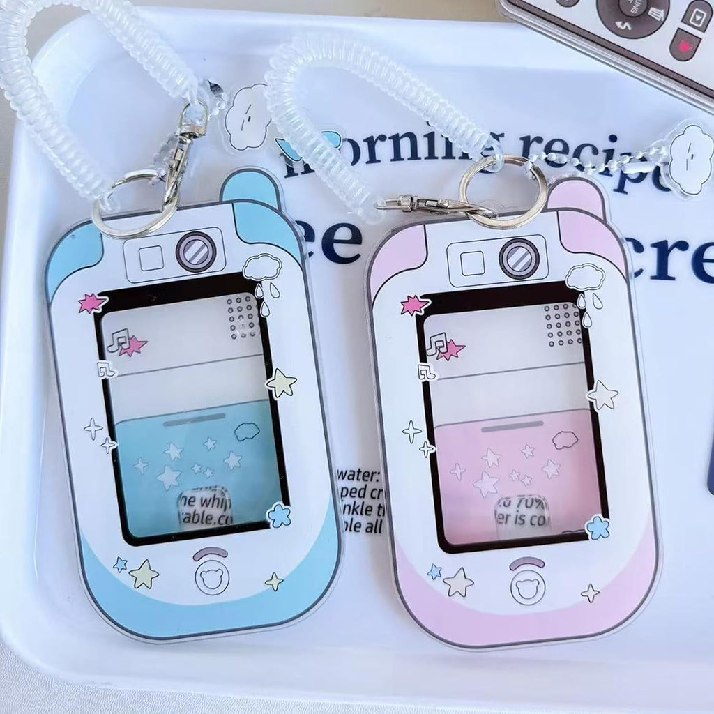 2pcs cute phone camera shaped photo holder 3 inches, cartoon photo holder ID badge holder, with cloud bear pendant and spiral wrist coil (2 styles)