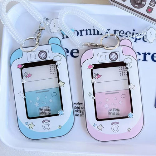 2pcs cute phone camera shaped photo holder 3 inches, cartoon photo holder ID badge holder, with cloud bear pendant and spiral wrist coil (2 styles)